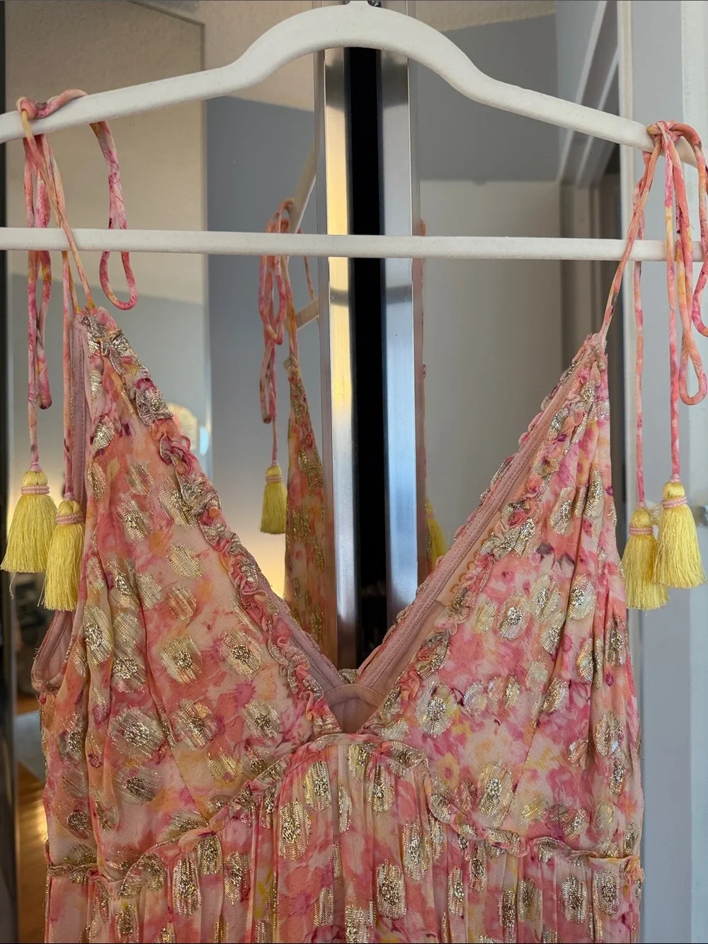 Pink Shimmer Floral Tie-Shoulder Sundress with Yellow Tassels